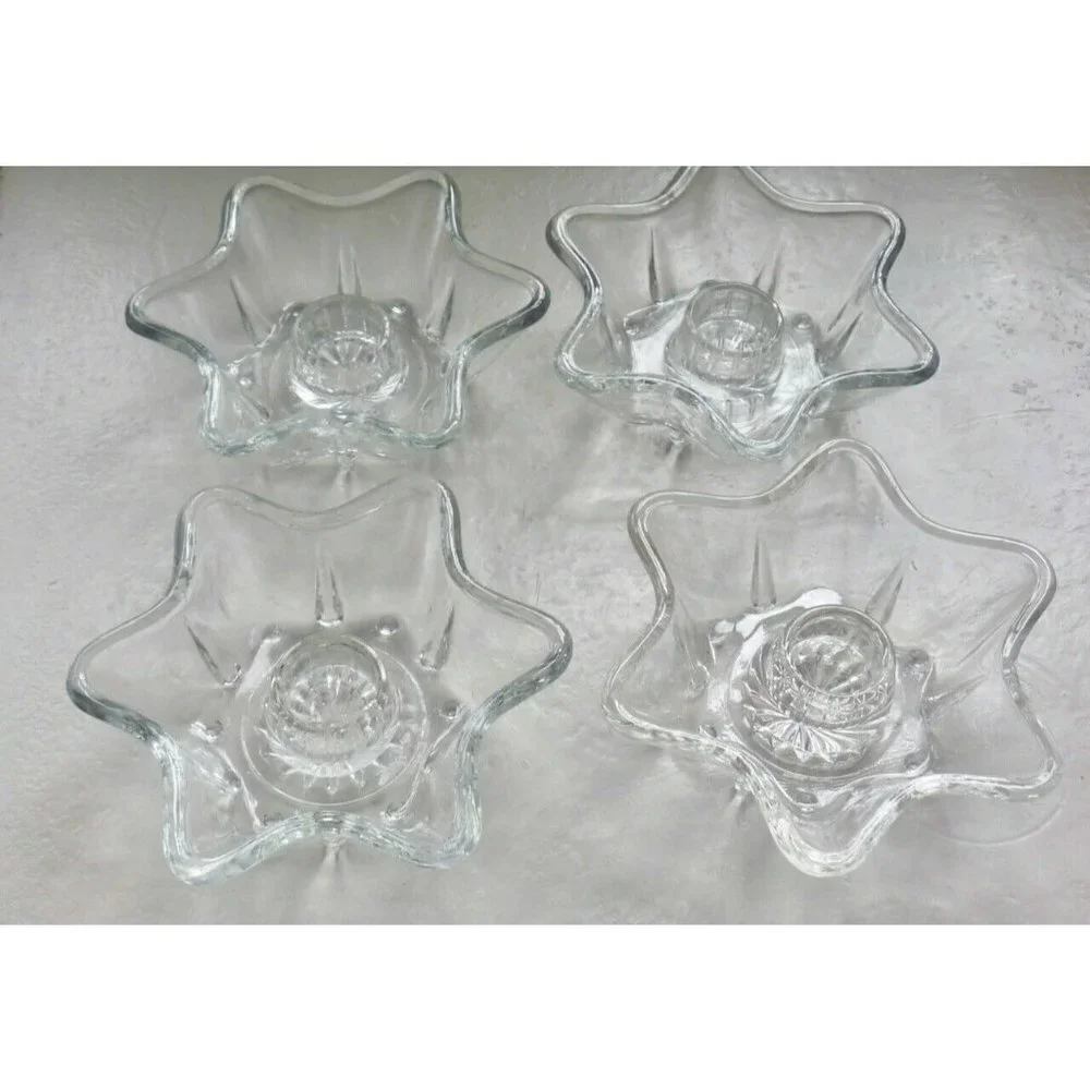 Set of 4 Candle holders Star-Shaped Clear Glass 6-points Taper Vintage
